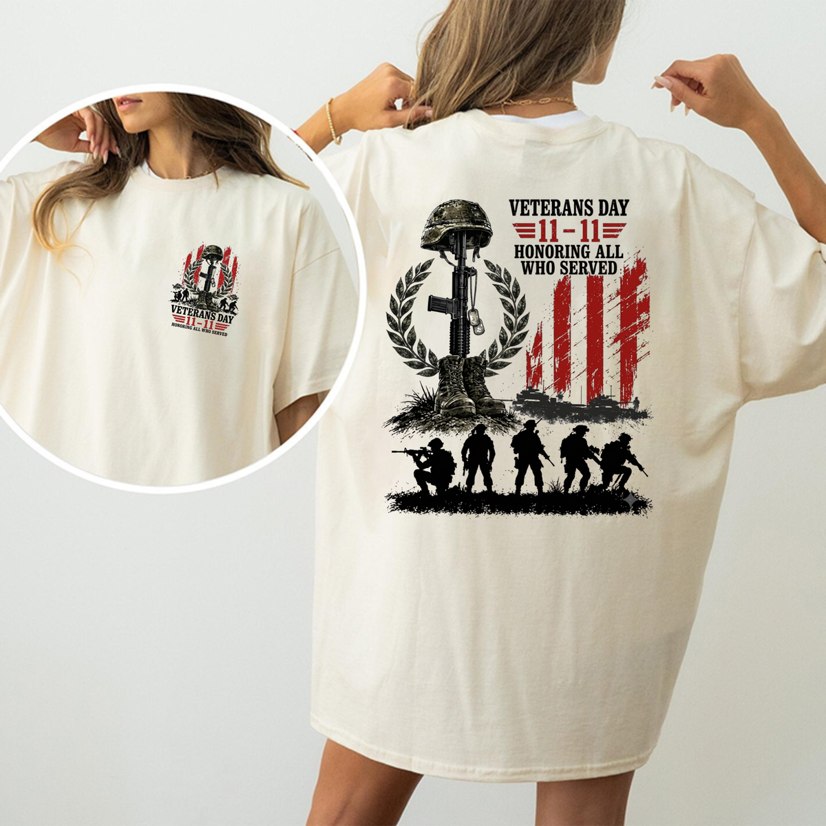 Front view of the parke horizon tee displaying vintage Veterans Day '11-11 Honoring All Who Served' graphic artwork across the chest of a soft crewneck shirt. - hiyamart