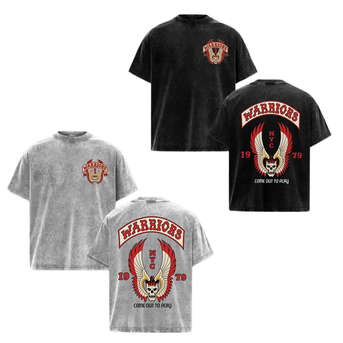Front view of the parke horizon top displaying 'The Warriors 1979' vintage mineral washed cult film graphic artwork across the chest of a soft tee. - dogmomhat