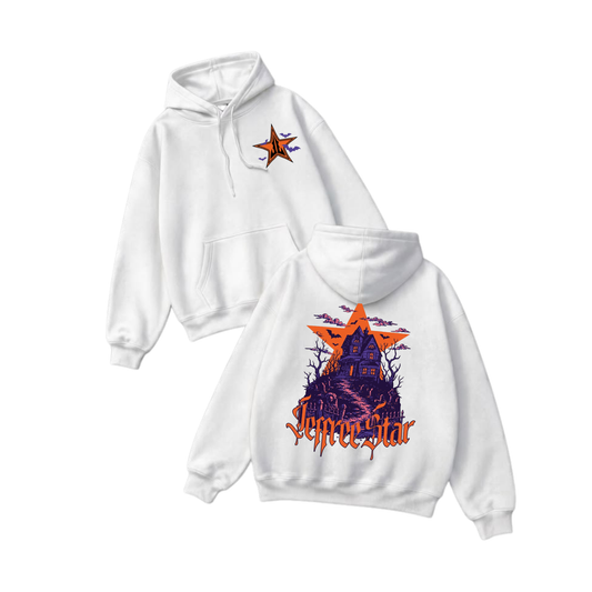 Front view of the shadowed victorian estate hoodie displaying vintage gothic haunted manor graphic artwork across the chest of a dark fleece hoodie. - dogmomhat