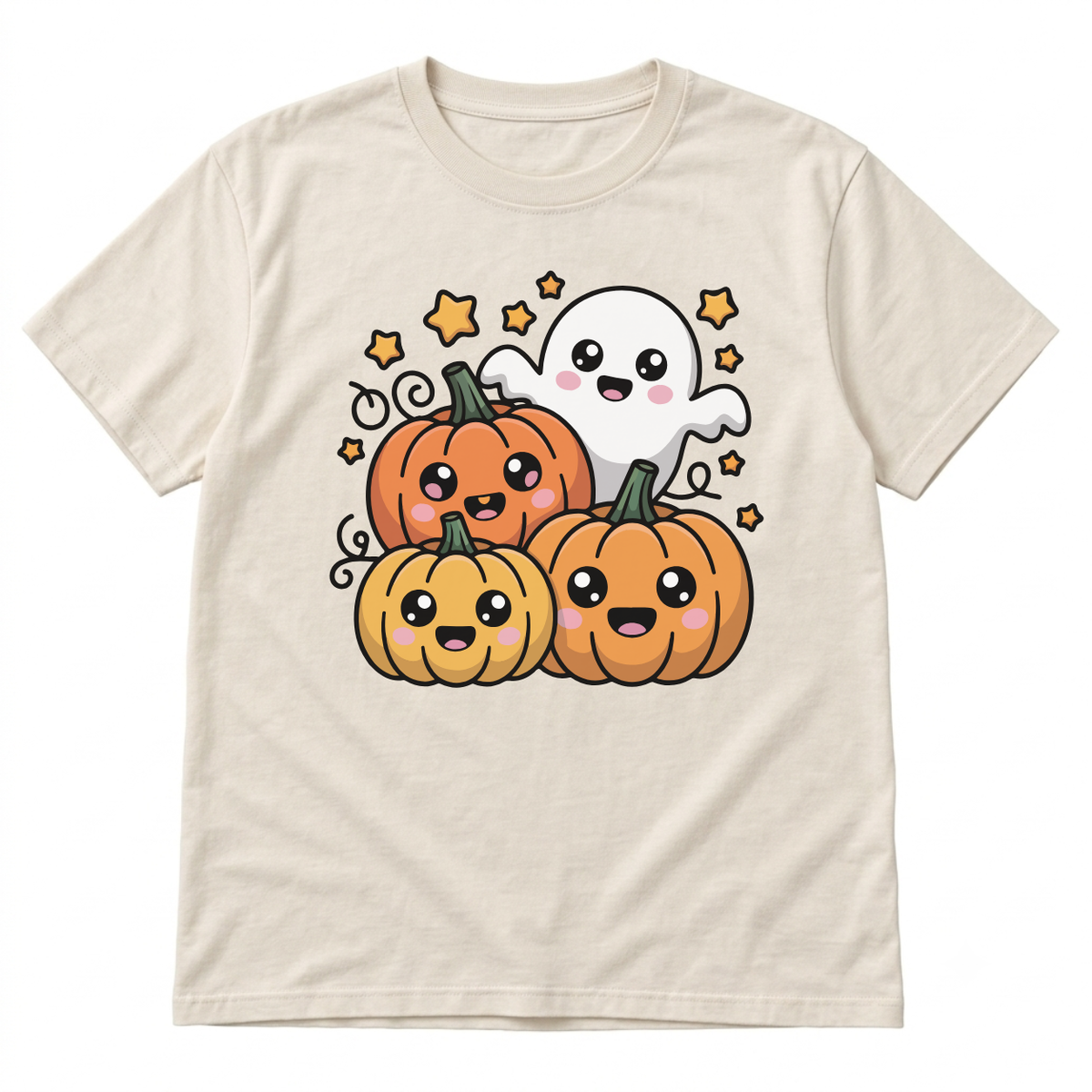 Concept preview of a cream T-shirt with a raccoon campfire illustration
