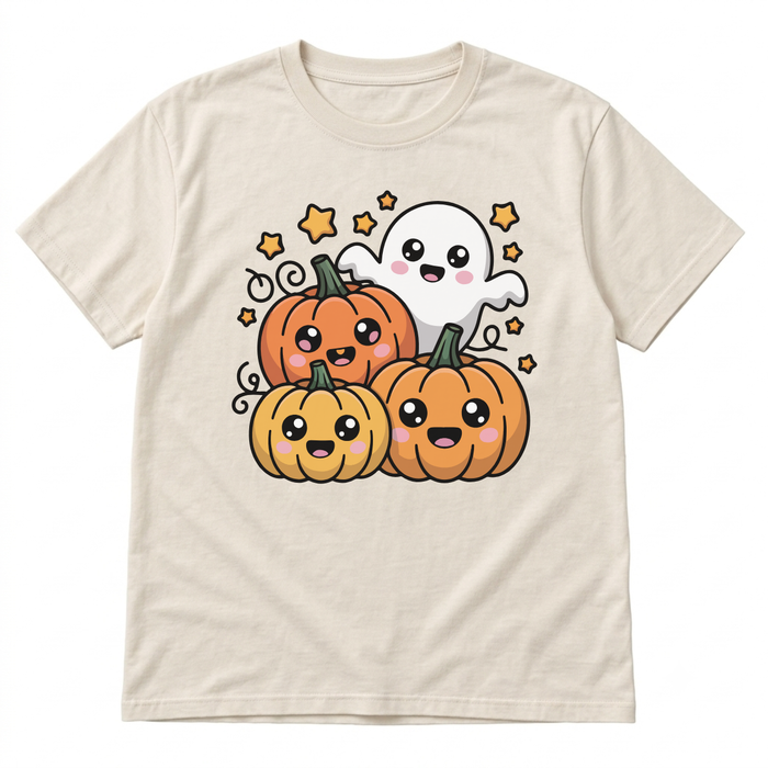 Concept preview of a cream T-shirt with a raccoon campfire illustration