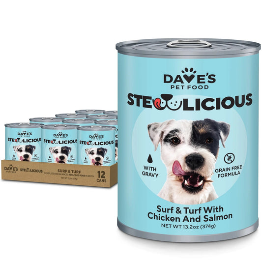 Pâtée humide pour chien Dave's Stewlicious Surf & Turf au poulet et au saumon (374 g)