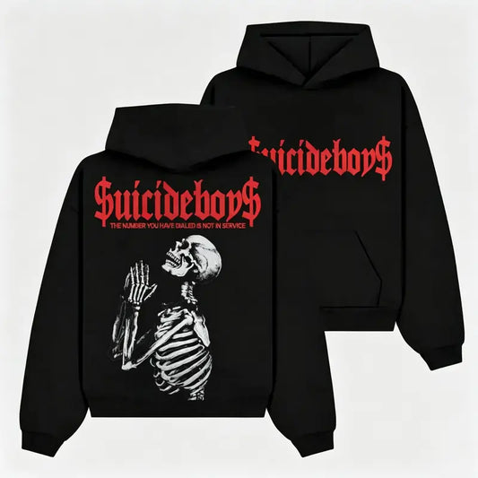 Men's Oversized Fluffy Fleece Prayer Skulls Hoodie – Streetwear Double-Sided Graphic Sweatshirt - Hiyamart