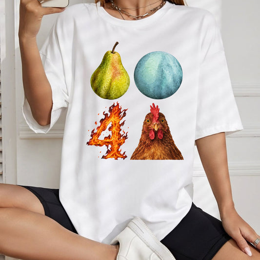 Pear-Shaped Planet Rooster T-Shirt – Quirky Front & Back Meme Graphic Tee - Hiyamart