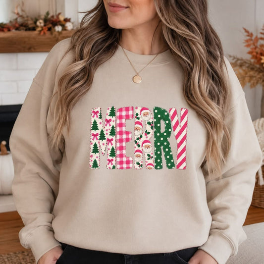 Retro Pink Merry Christmas Sweatshirt – Polka Dot Tree & Vintage Santa Pullover - Hiyamart
