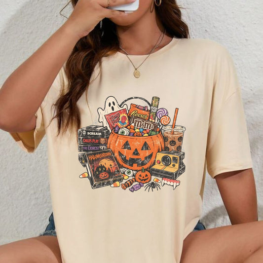 Retro Spooky Movie Night Graphic Tee – Comfort Colors Vintage 90s Halloween VHS T-Shirt - Hiyamart