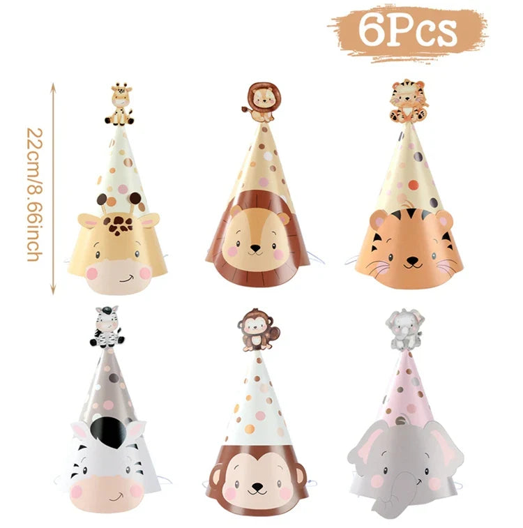 Jungle Animals Party Paper Hats Happy Birthday Party Decoration Kids Safari Animal Wild One Birthday Decor Supplies Baby Shower