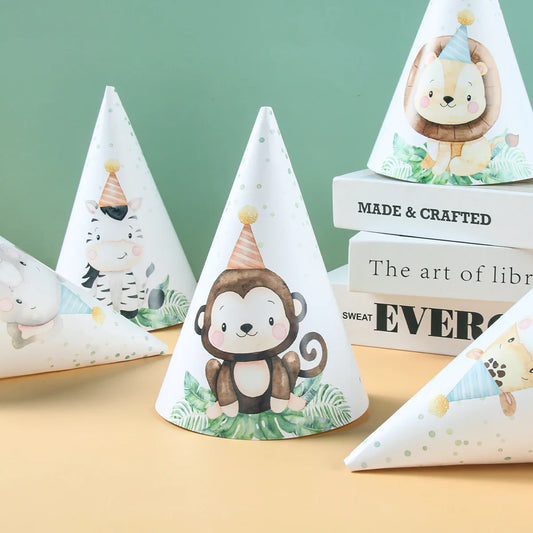 Chapeaux en papier Animaux de la Jungle - Joyeux Anniversaire - Décoration de fête pour enfants Safari, Animaux Sauvages, Un An - Fournitures de décoration de douche de bébé
