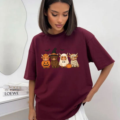 Spooky Highland Cow Squad T-Shirt – Cute Halloween Witch, Ghost & Pumpkin Graphic Tee - Hiyamart