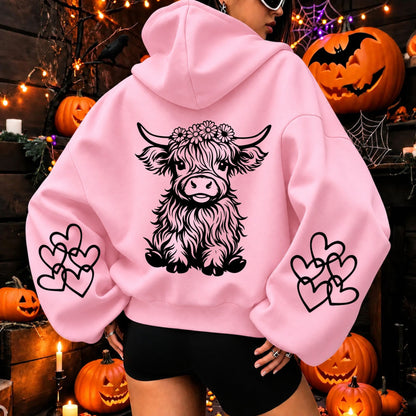 Women's Cute Highland Cow Graphic Hoodie - Hiyatee