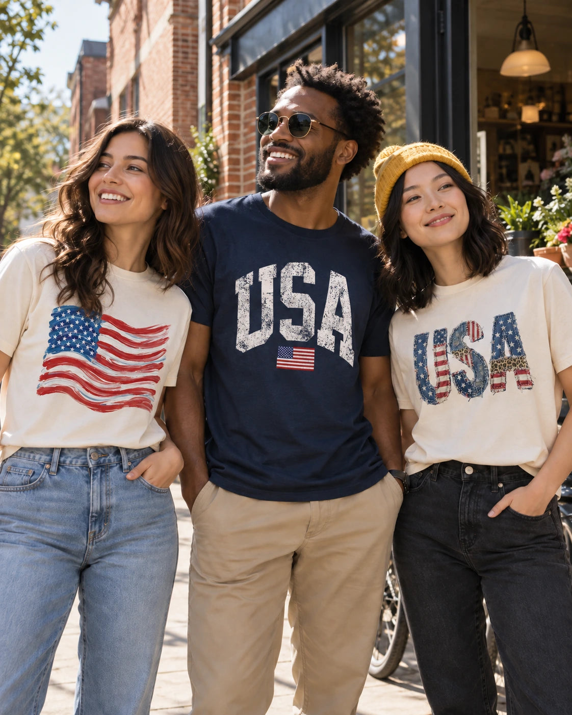 Campaign concept showing friends in graphic T-shirts outdoors