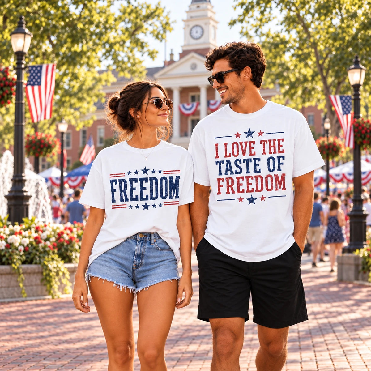 Couple wearing patriotic Freedom graphic T-shirts at a U.S. town-square festival