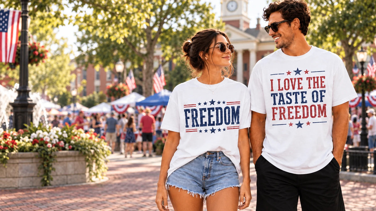 Couple wearing patriotic Freedom graphic T-shirts at a U.S. town-square festival