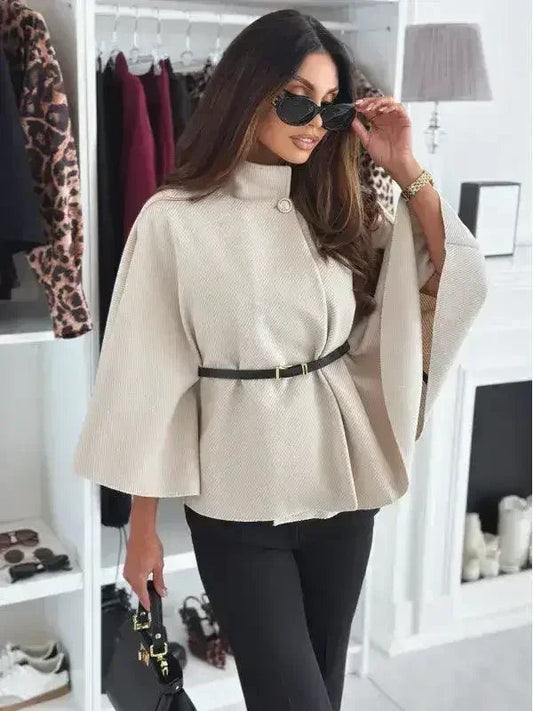 Manteau Cape en Laine Unie avec Nœud à la Taille pour Femme